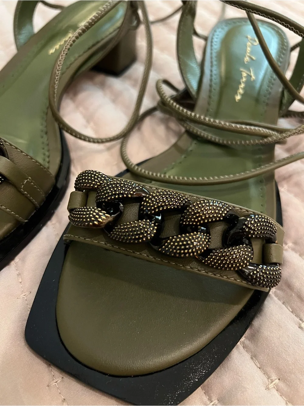 Piazza Flower Olive Green Chain-Trim Lace-Up Sandals